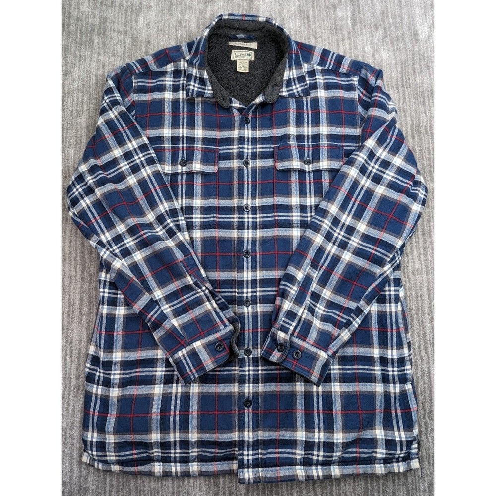 LL Bean Fleece Lined Shacket Flannel Shirt Jacket Blue Plaid Mens Large Tall LT